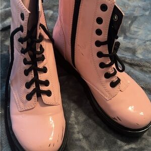 Pink and Black Combat Moto Boots with Glossy Finish